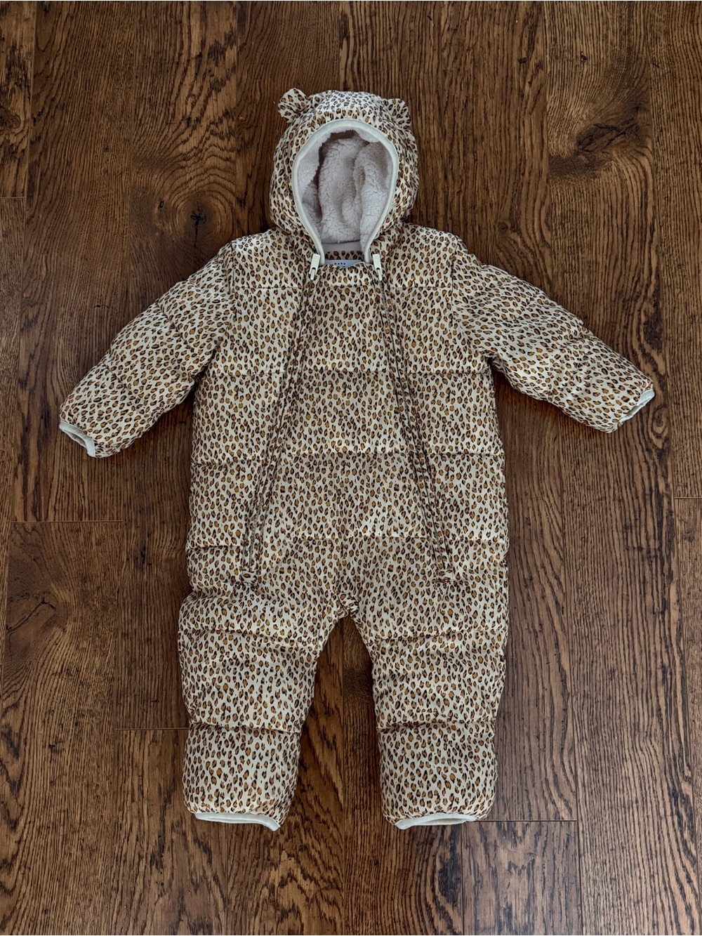 GAP Leopard-Print Hooded Puffer Snowsuit in Cream and Brown